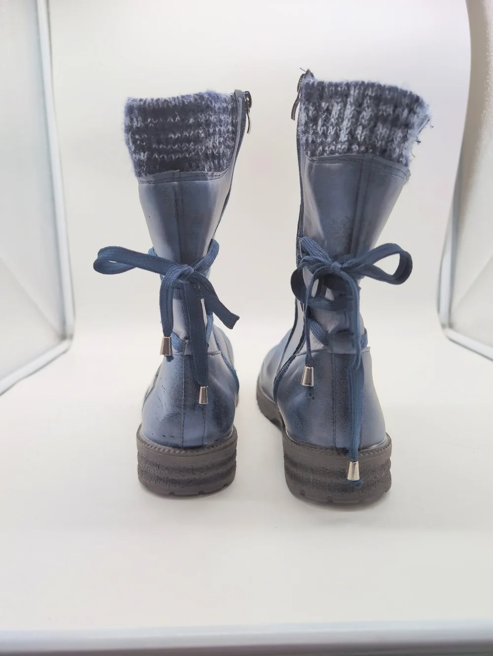 Women's Sz 10 Blue Knit-Top Mid-Calf Snow Boots